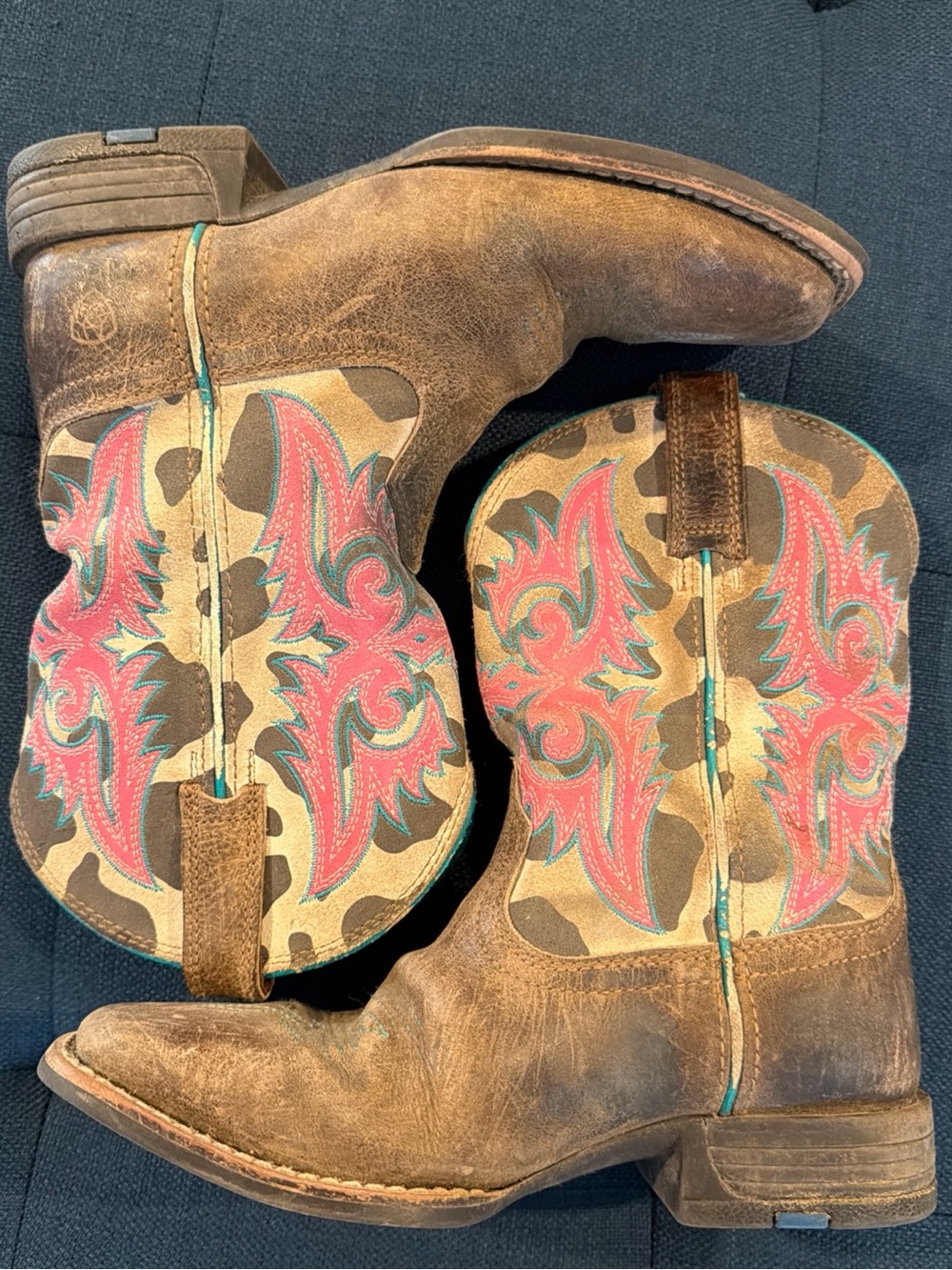 Ariat Brown Leather Western Heeled Boots with Pink & Teal Embroidery